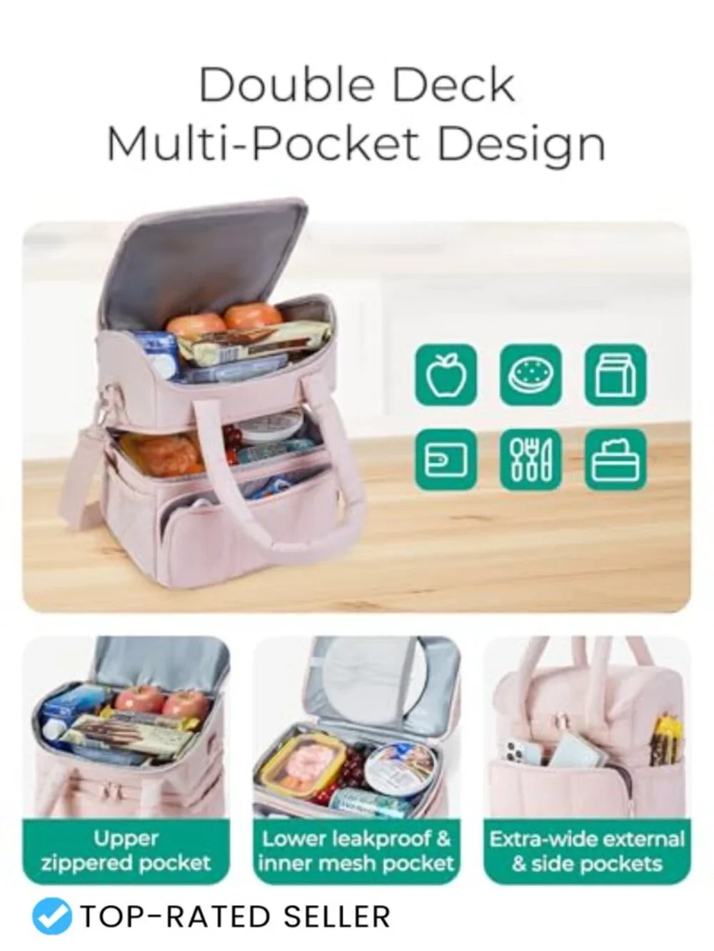 Insulated Lunch Tote Bag, Double Deck Quilted Cooler, Leakproof Travel Lunch Box